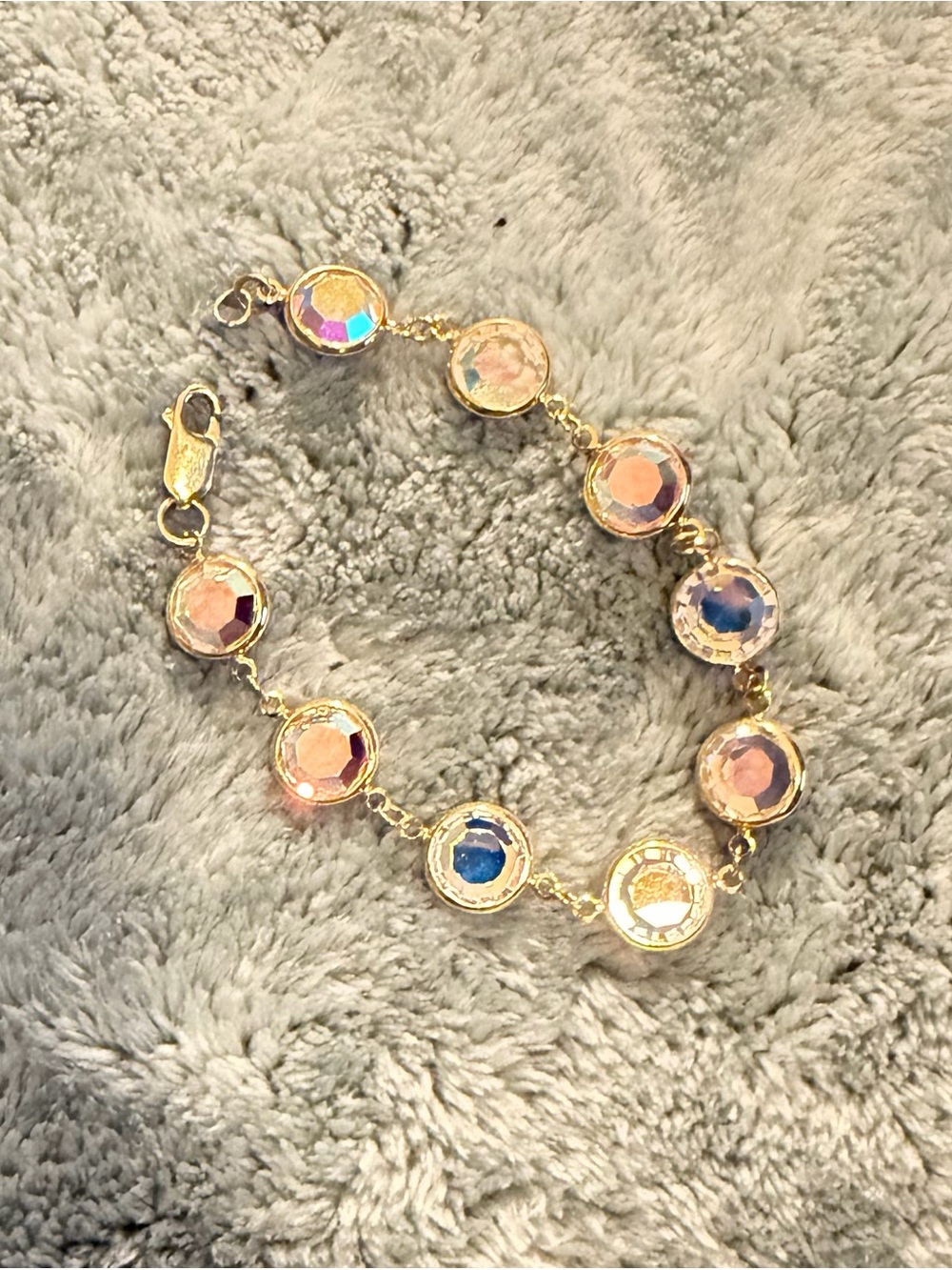 Vintage 14k Gold Filled Aurora Borealis Bezel Crystal Link Bracelet 7.5"